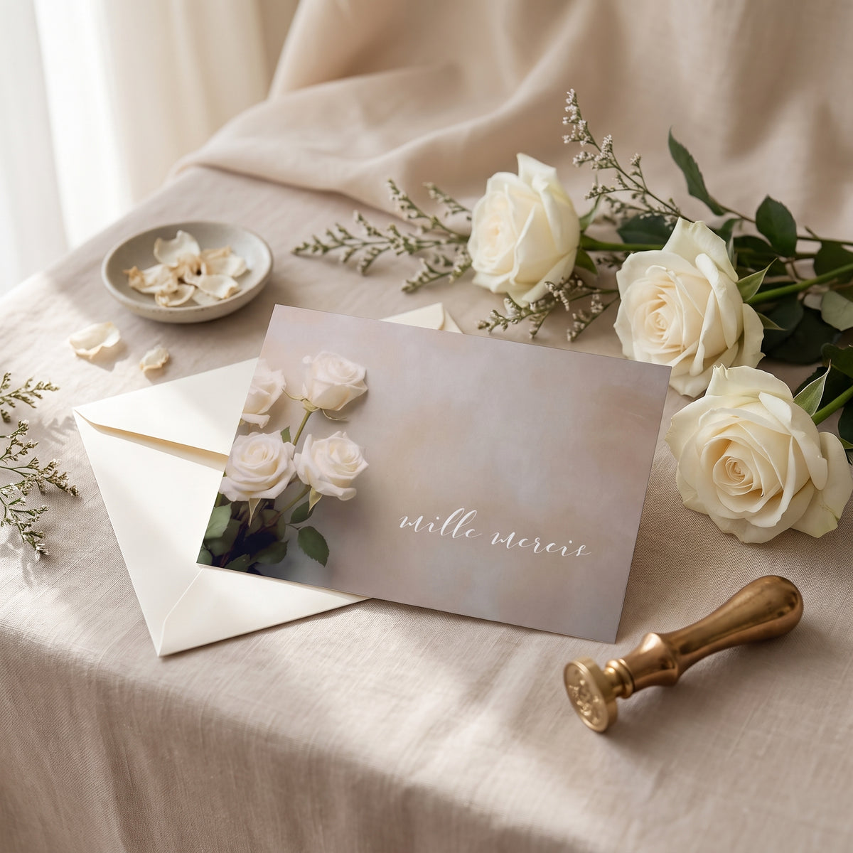 Carte de remerciement décès « Composition de roses blanches » — mise en ambiance