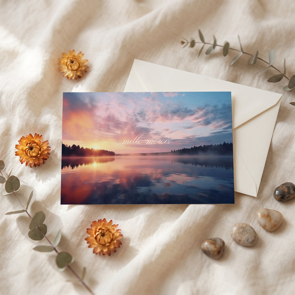 Carte de remerciement décès « Coucher de soleil lac » — mise en ambiance