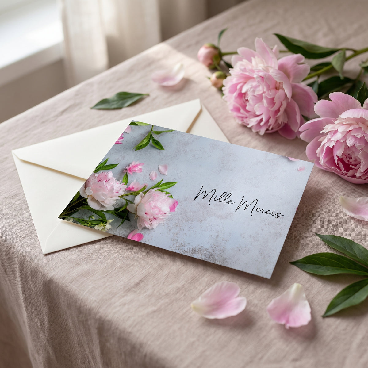 Carte de remerciement décès « Composition de pivoines » — mise en ambiance