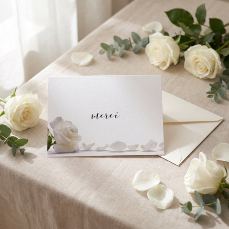 Carte de remerciement décès « Rose blanche et pétales » — mise en ambiance