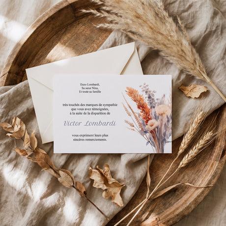 Carte de remerciement décès « Bouquet de fleurs séchées » — mise en ambiance