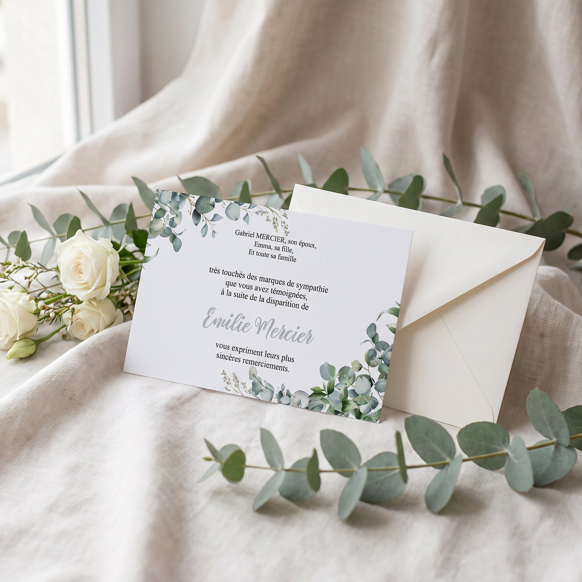 Carte de remerciement décès « Eucalyptus » — mise en ambiance