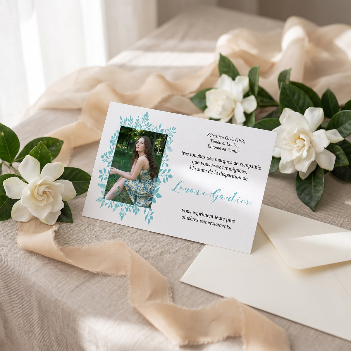 Carte de remerciement décès « Photo et illustrations feuilles » — mise en ambiance