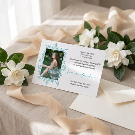 Carte de remerciement décès « Photo et illustrations feuilles » — mise en ambiance