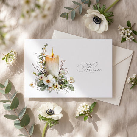 Carte de remerciement décès « Bougie et fleurs blanches » — mise en ambiance