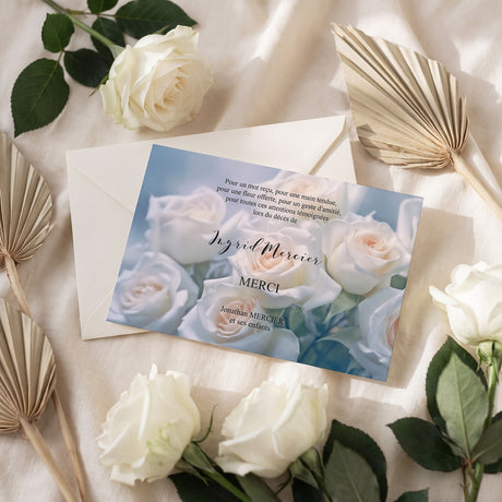Carte de remerciement décès « Bouquet de roses blanches » — mise en ambiance