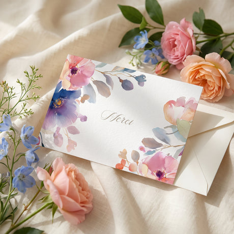 Carte de remerciement décès « Fleurs d'été aquarelle » — mise en ambiance