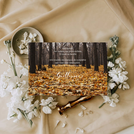 Carte de remerciement décès « Forêt en automne » — mise en ambiance