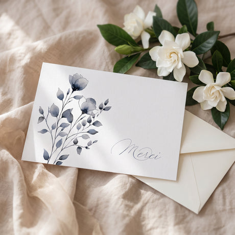 Carte de remerciement décès « Bouquet gris peint à la main » — mise en ambiance