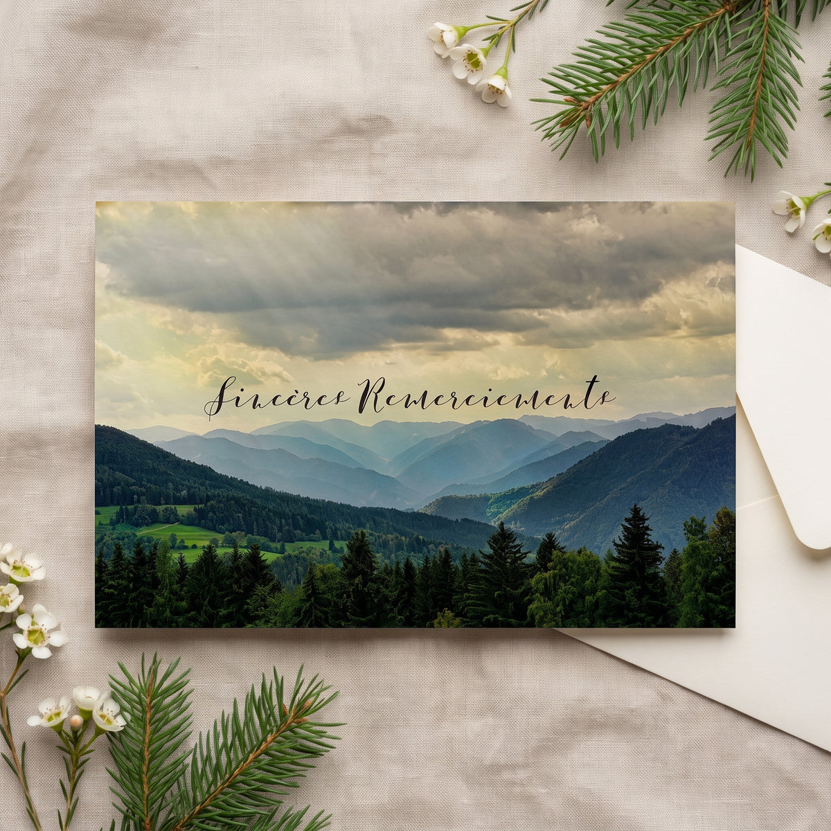Carte de remerciement décès « Montagne et nuages » — mise en ambiance
