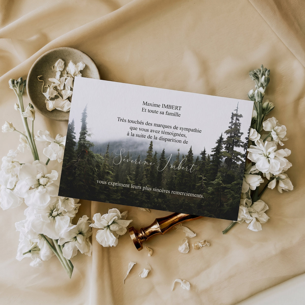Carte de remerciement décès « Forêt de montagne » — mise en ambiance
