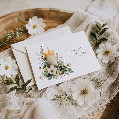 Carte de remerciement décès « Bougie et fleurs blanches » — mise en ambiance
