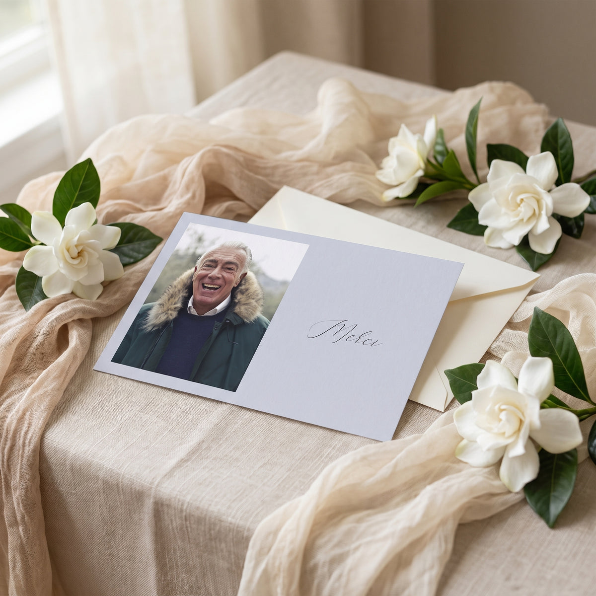 Carte de remerciement décès « Photo portrait » — mise en ambiance