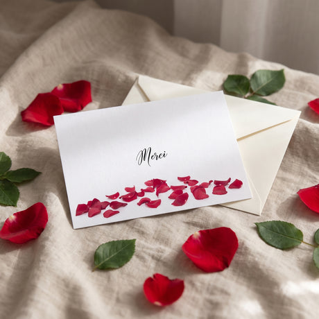 Carte de remerciement décès « Pétales de rose rouge » — mise en ambiance