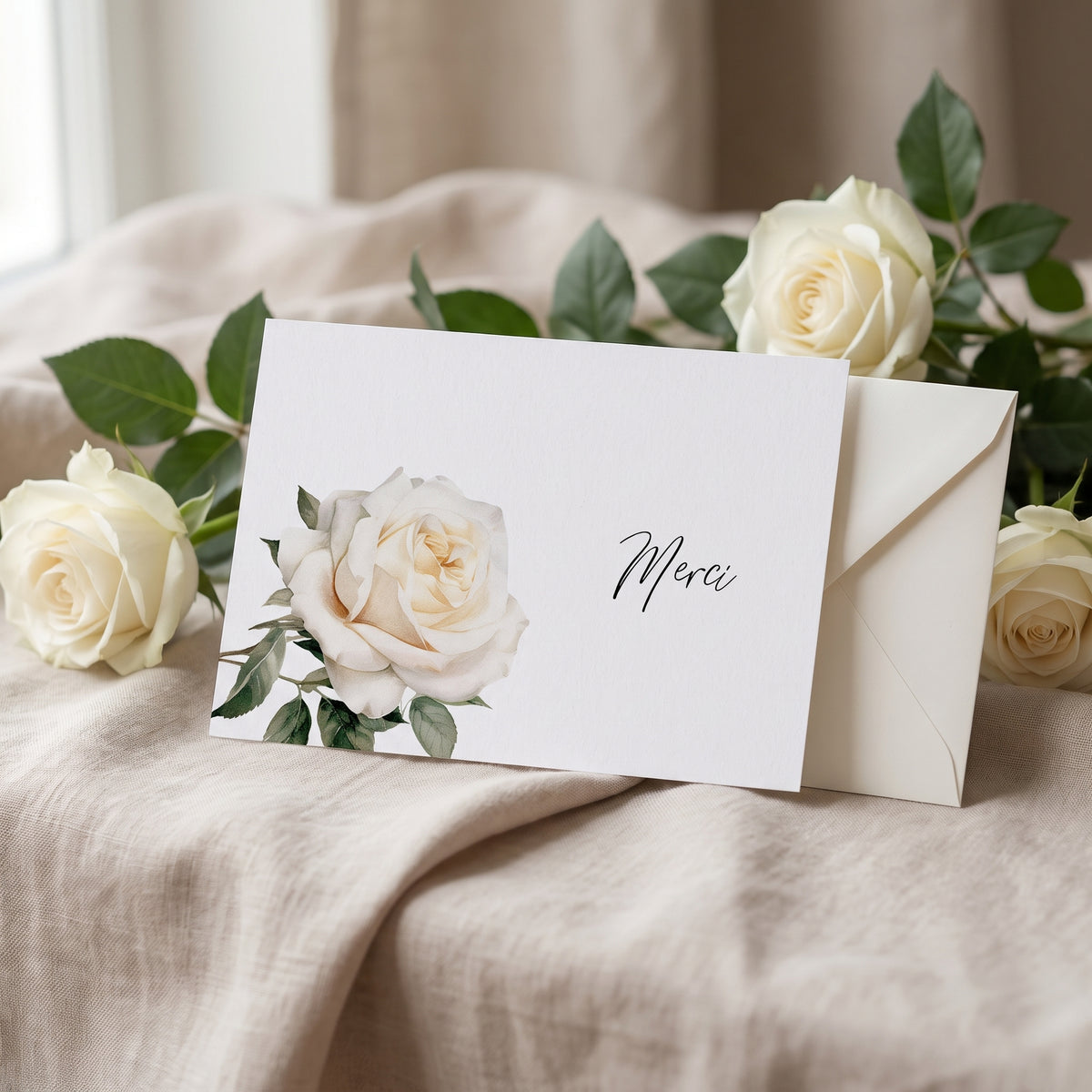 Carte de remerciement décès « Rose blanche aquarelle » — mise en ambiance