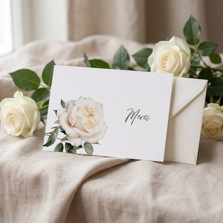 Carte de remerciement décès « Rose blanche aquarelle » — mise en ambiance