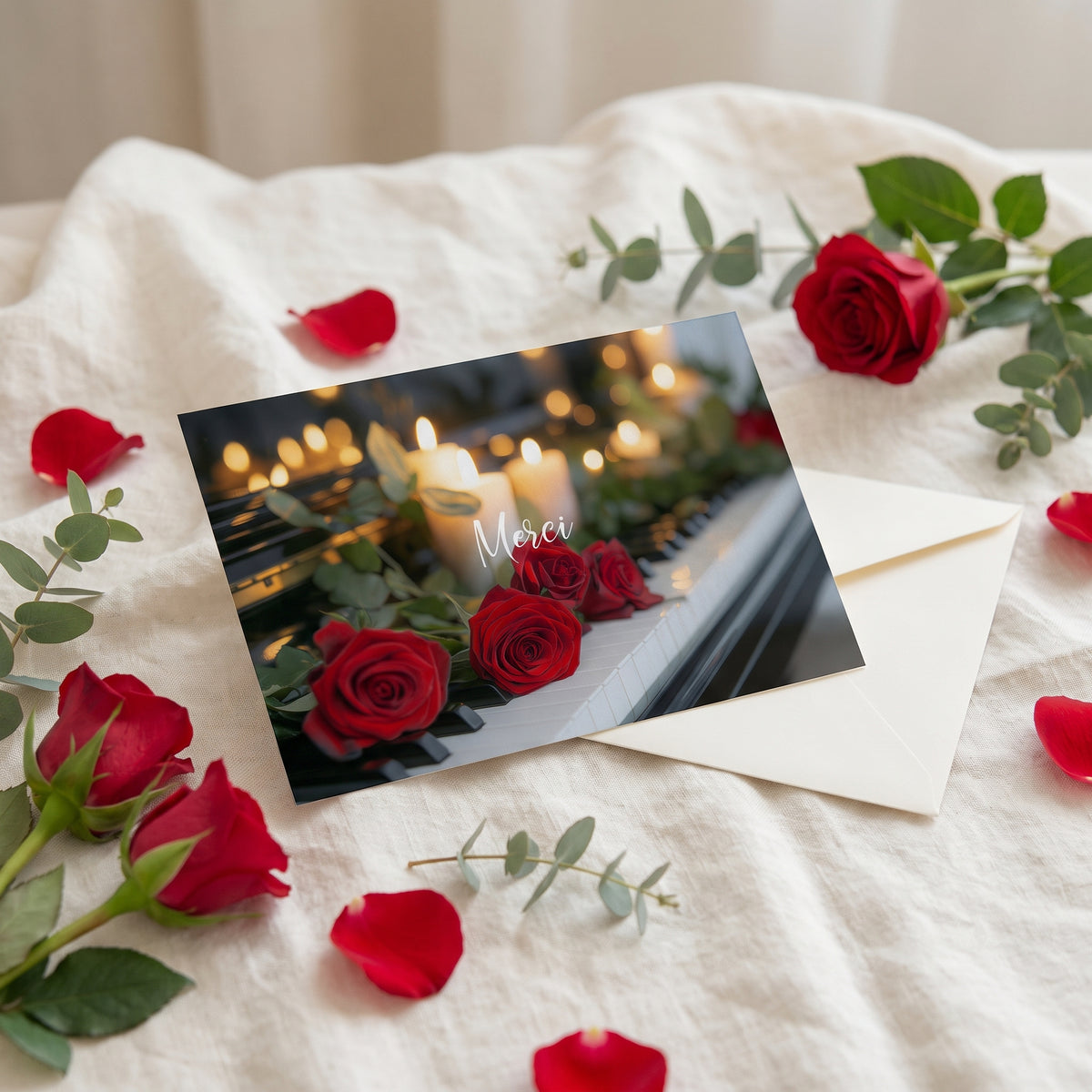Carte de remerciement décès « Piano et roses rouges » — mise en ambiance