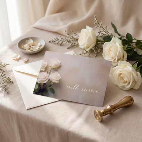 Carte de remerciement décès « Composition de roses blanches » — mise en ambiance