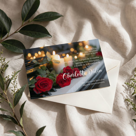 Carte de remerciement décès « Piano et roses rouges » — mise en ambiance