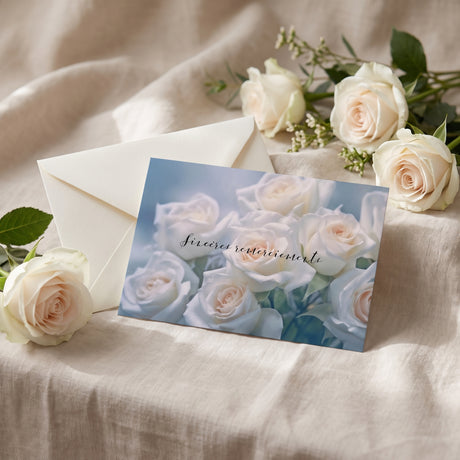 Carte de remerciement décès « Bouquet de roses blanches » — mise en ambiance