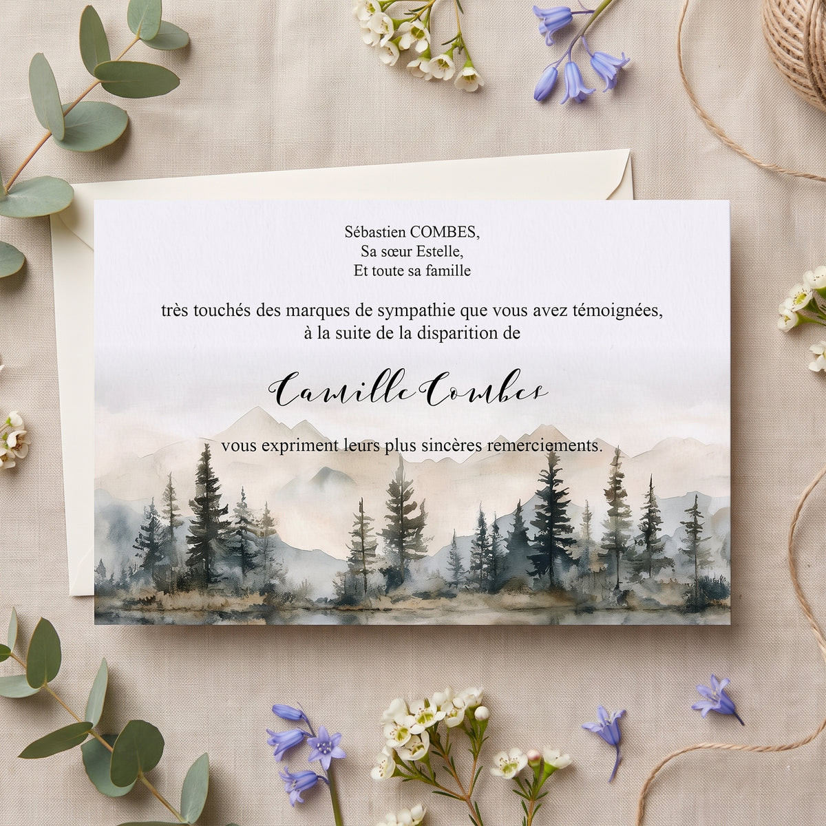 Carte de remerciement décès « Paysage lac de montagne aquarelle » — mise en ambiance
