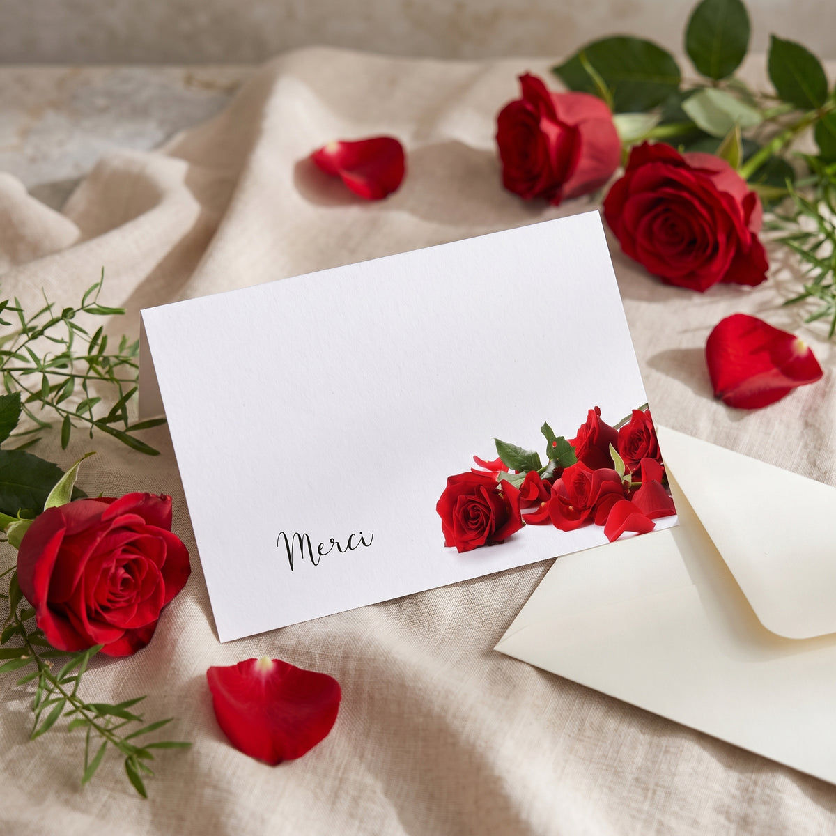 Carte de remerciement décès « Rose rouge et pétales posés » — mise en ambiance