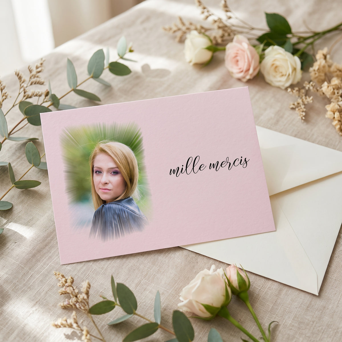 Carte de remerciement décès « Photo effet lueur » — mise en ambiance