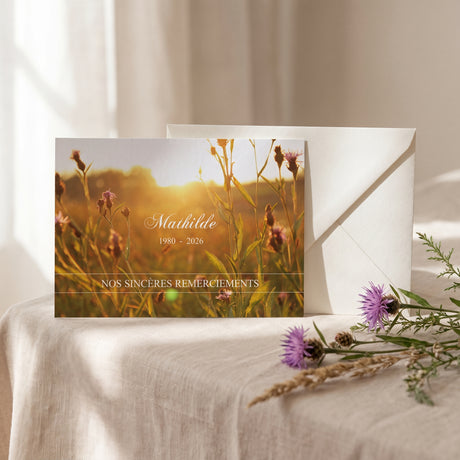 Carte de remerciement décès « Coucher de soleil et feuillage » — mise en ambiance