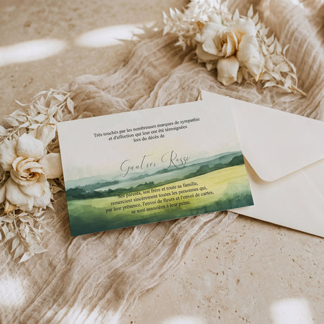 Carte de remerciement décès « Paysage campagne aquarelle » — mise en ambiance