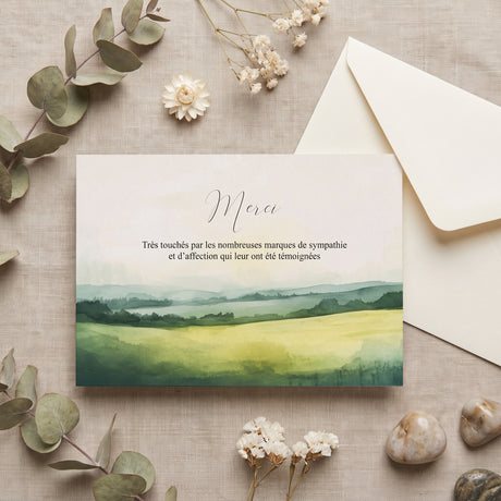 Carte de remerciement décès « Paysage campagne aquarelle » — mise en ambiance