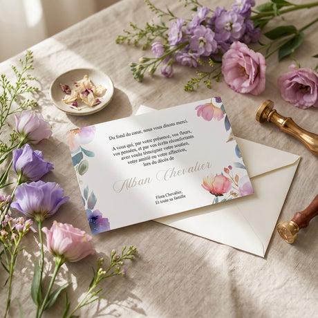 Carte de remerciement décès « Fleurs d'été aquarelle » — mise en ambiance